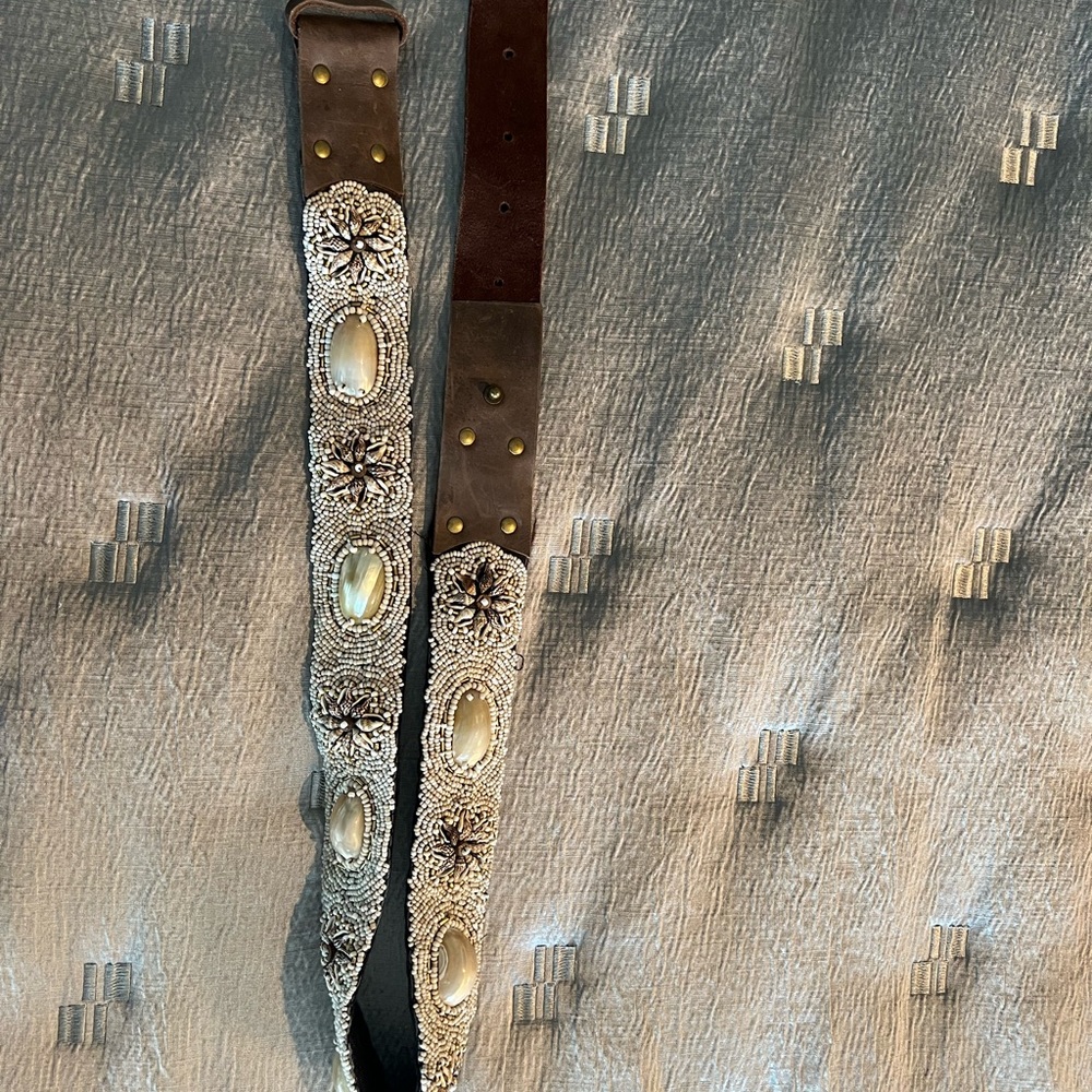 Coco belle brown leather belt w shells/beading